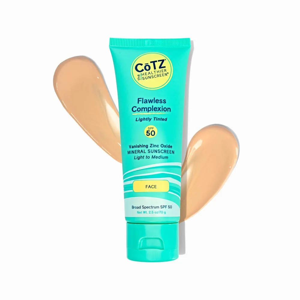 Cotz Flawless Complexion Tinted SPF 50 1.5 oz squeeze tube, mineral sunscreen with iron oxides and light coverage finish