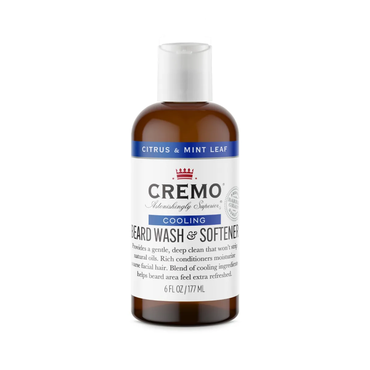 Cremo Cooling Beard & Face Wash in a dark bottle with citrus mint leaf label