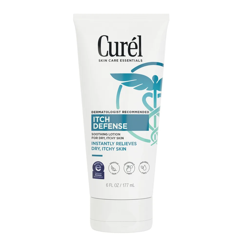 Curél Itch Defense Calming Body Lotion white pump bottle with green accent branding and NEA seal