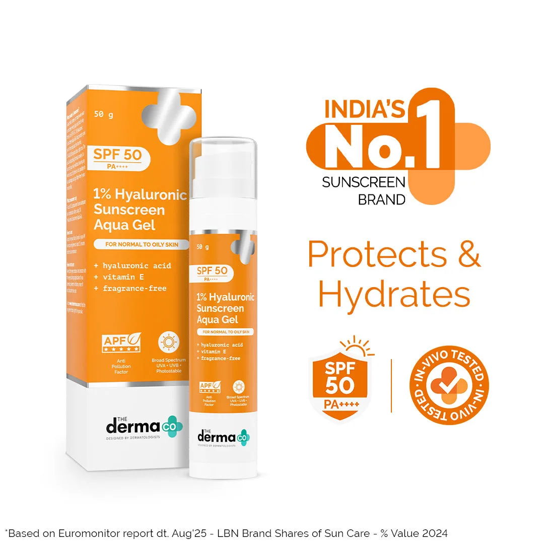 The Derma Co 1% Hyaluronic Sunscreen SPF 50 aqua gel tube