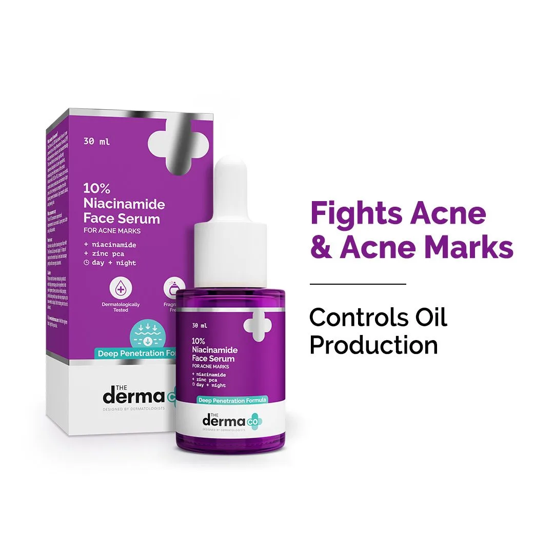 The Derma Co 10% Niacinamide Face Serum amber glass dropper bottle