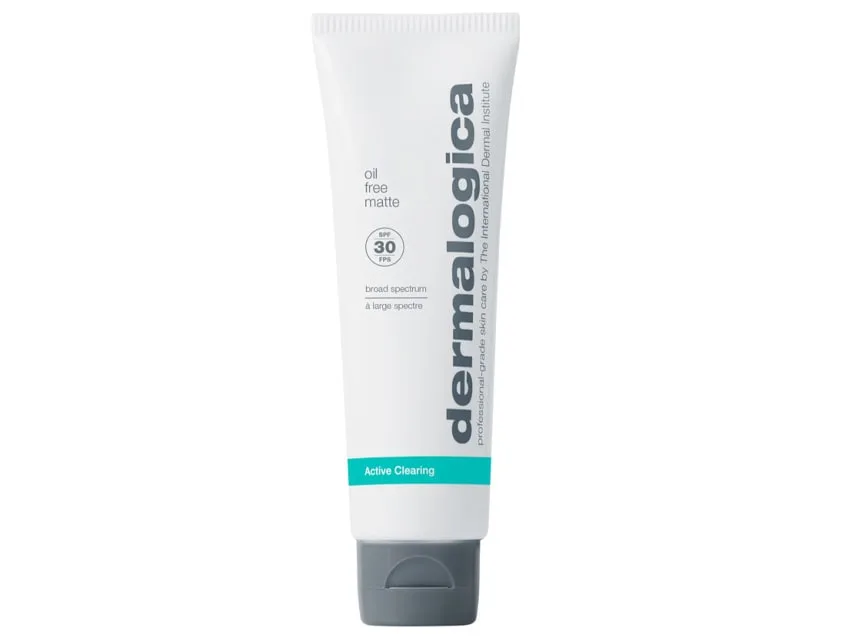 Dermalogica Oil Free Matte SPF 30 sunscreen in white squeeze tube with Active Clearing branding