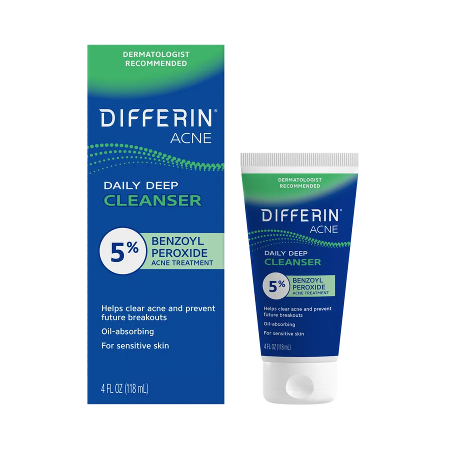 Differin Daily Deep Cleanser with 5% Benzoyl Peroxide, white squeeze tube, 4 fl oz