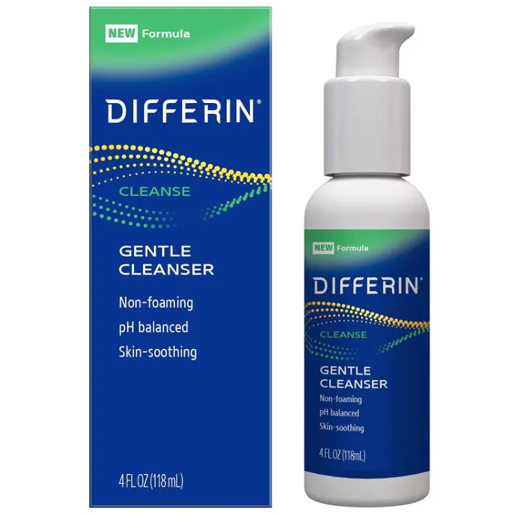 Differin Gentle Cleanser in a white squeeze tube with blue and orange Differin branding