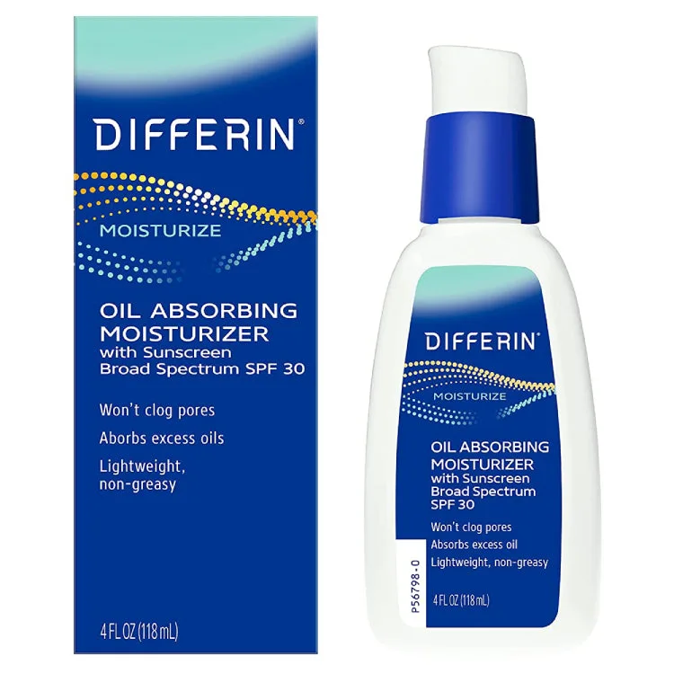 Differin Oil Absorbing Moisturizer SPF 30 in a white tube with blue and orange branding