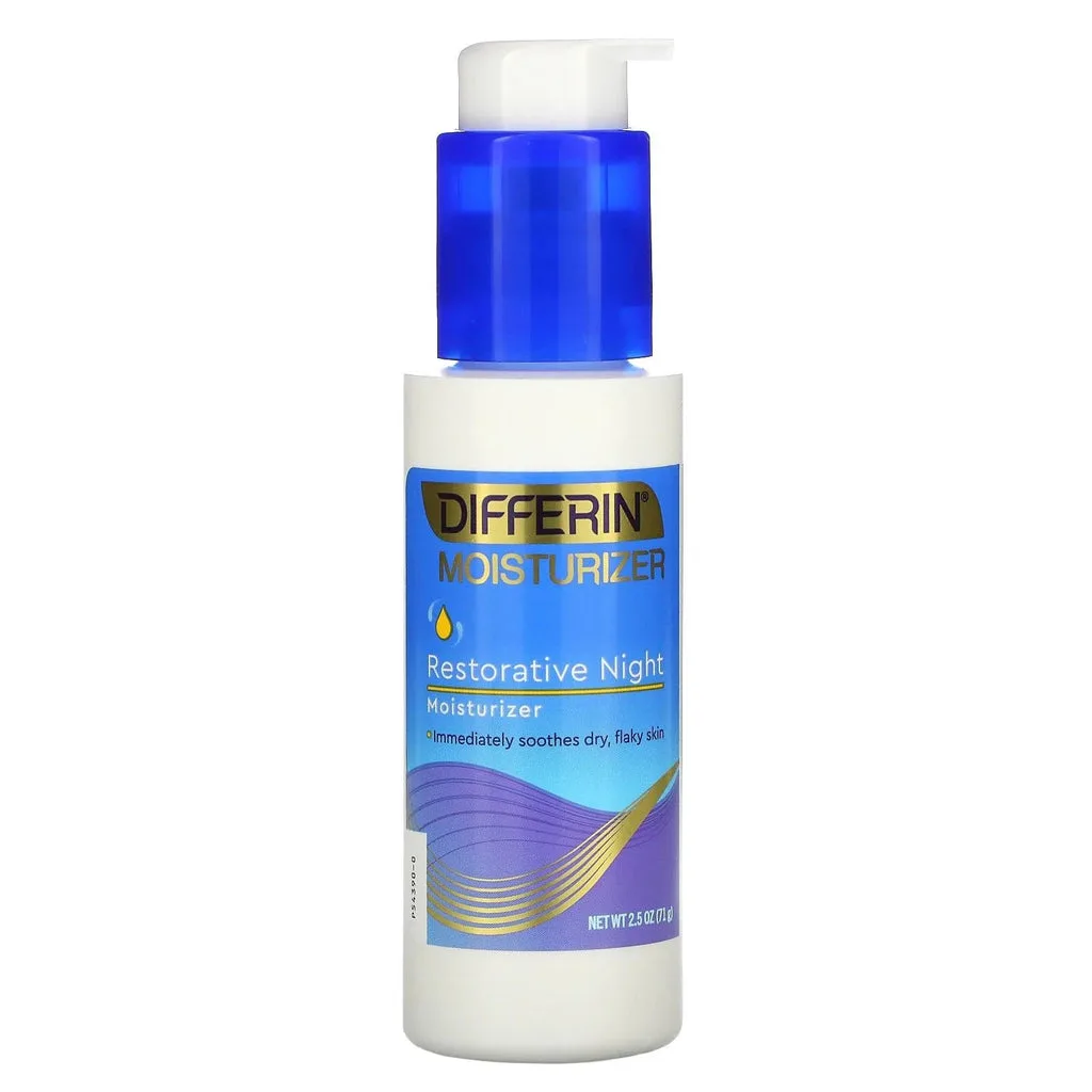 Differin Restorative Night Moisturizer in a white pump bottle with blue and purple Differin branding