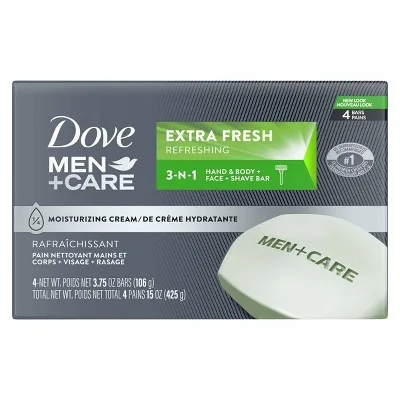 Dove Men+Care Extra Fresh Body and Face Bar, grey bar with green accents