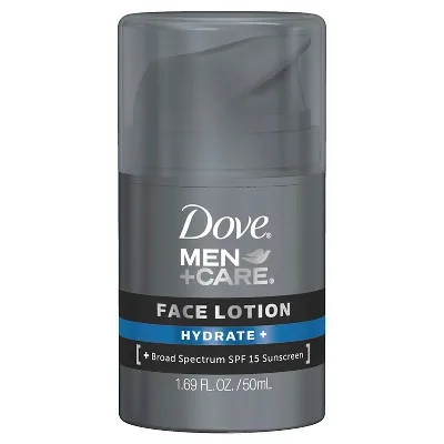 Dove Men+Care Hydrate+ Face Lotion SPF 15, grey squeeze tube, 1.69 fl oz