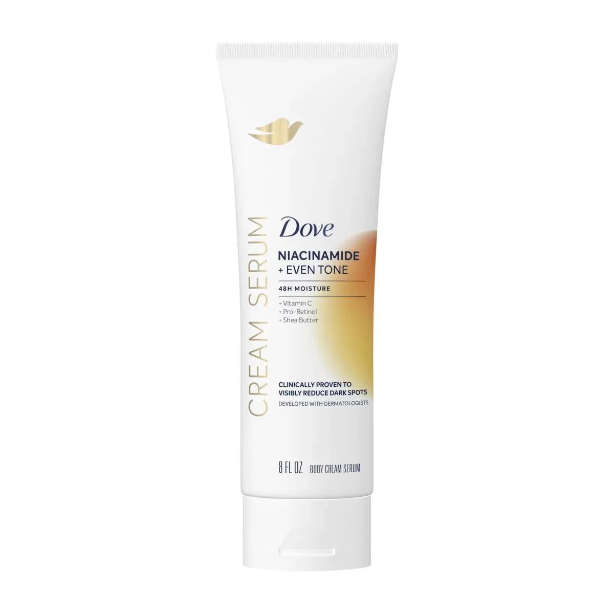 Dove Niacinamide + Even Tone Cream Serum in a pump bottle with gold and white packaging