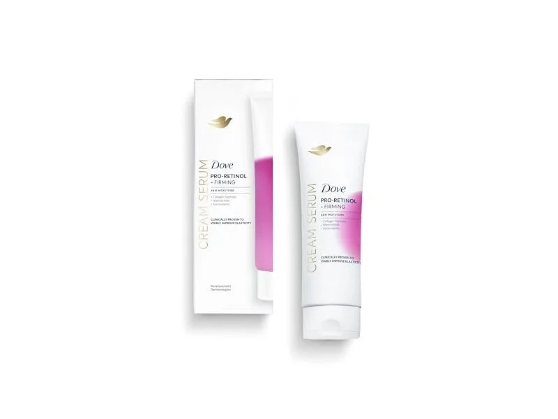 Dove Pro-Retinol + Firming Cream Serum in a pump bottle with purple and white packaging