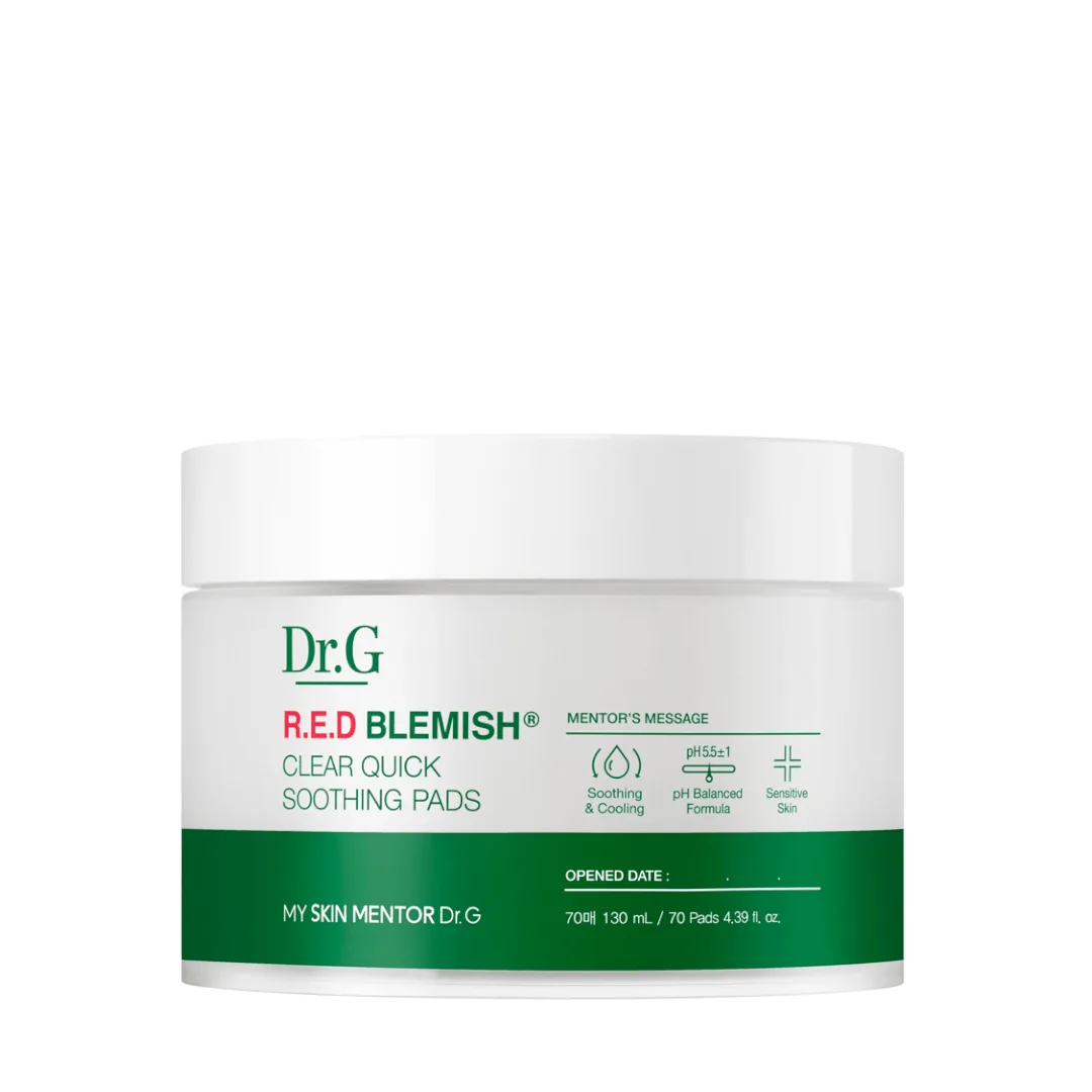 Dr.G Red Blemish Clear Quick Soothing Pack 70 pads jar on white background