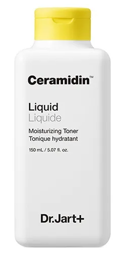 Dr. Jart+ Ceramidin Liquid in a tall clear bottle with orange liquid and white cap
