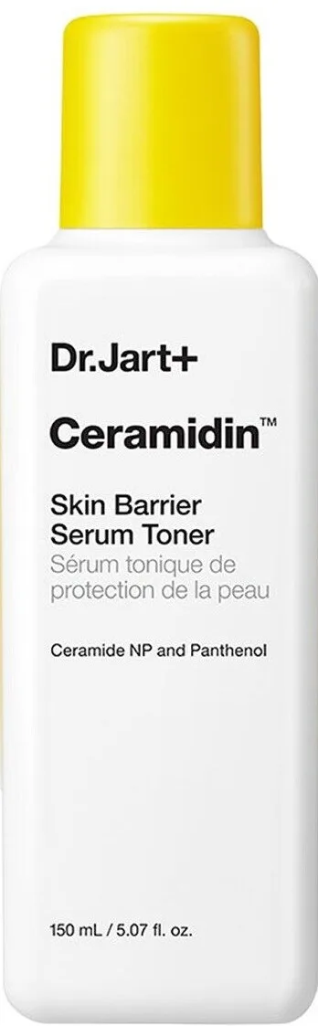 Dr. Jart+ Ceramidin Skin Barrier Serum Toner in a tall bottle with yellow branding