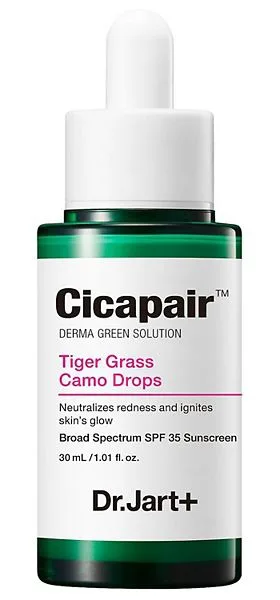 Dr. Jart+ Cicapair Tiger Grass Camo Drops SPF 35 in a green gradient glass dropper bottle