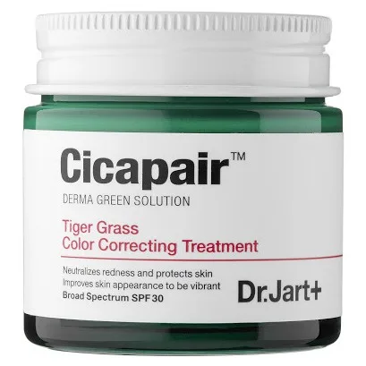 Dr. Jart+ Cicapair Tiger Grass Color Correcting Treatment SPF 30 in a green jar with white lid