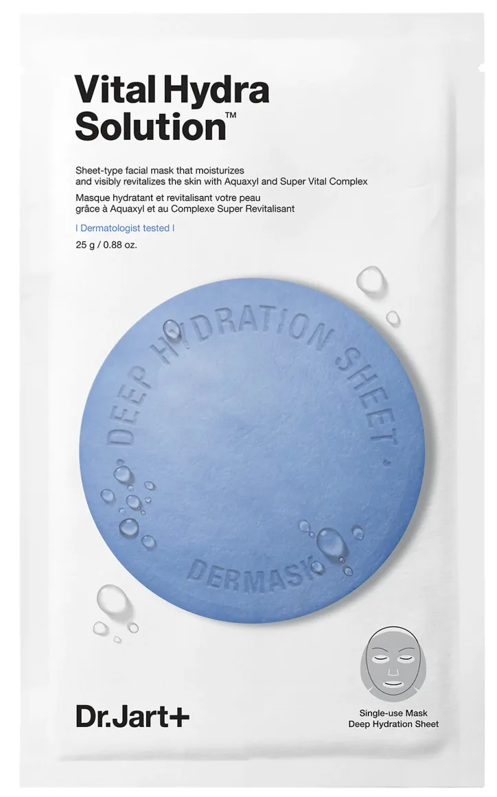 Dr. Jart+ Dermask Water Jet Vital Hydra Solution sheet mask in a blue foil pouch