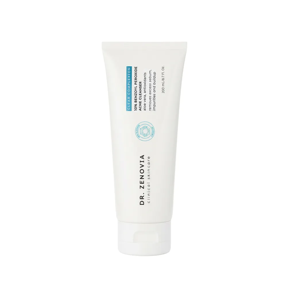 White tube of Dr. Zenovia Clear Complexion 10% Benzoyl Peroxide Acne Cleanser