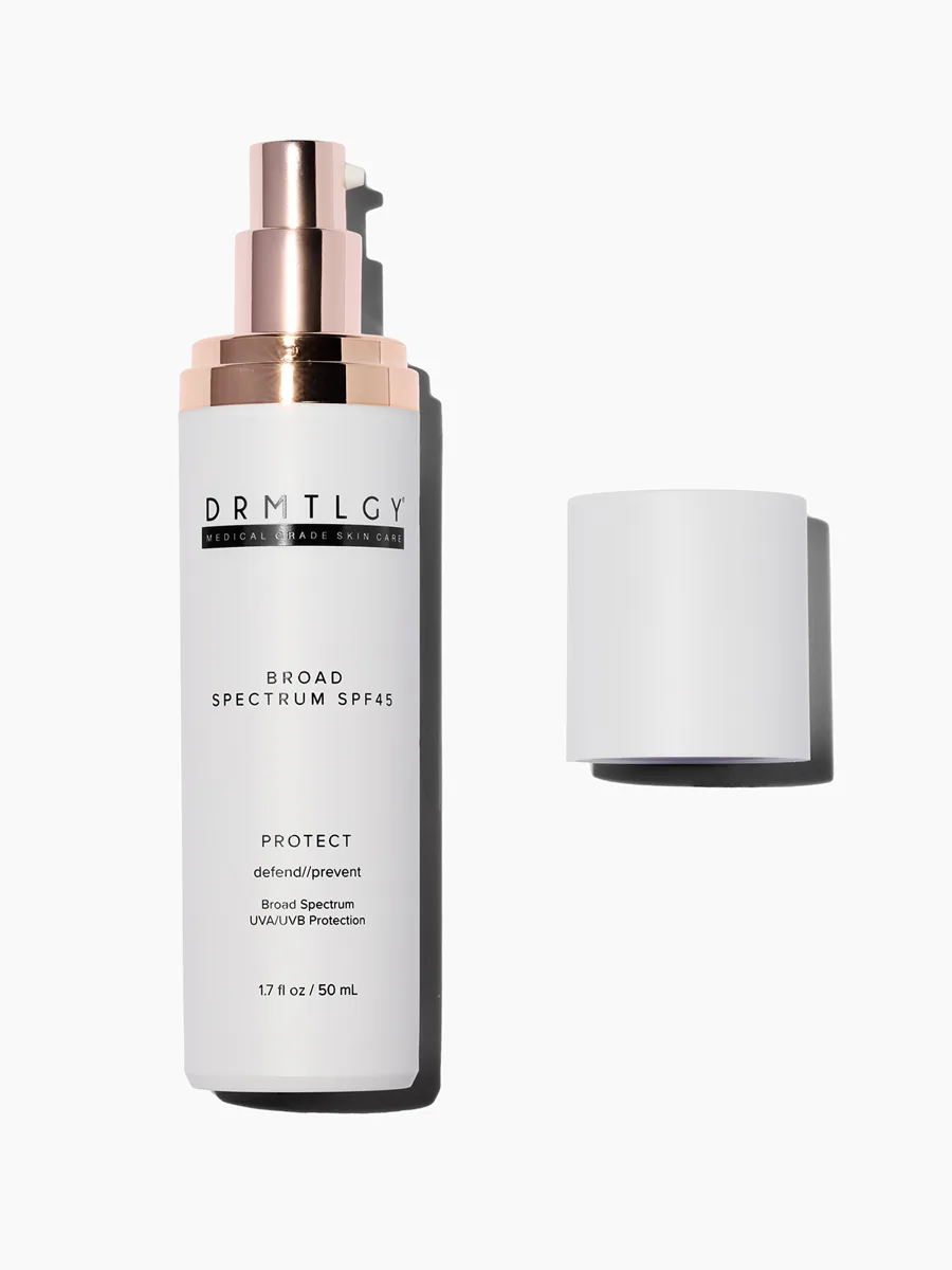 Drmtlgy Broad Spectrum SPF 45 Sunscreen 90ml pump bottle on white background