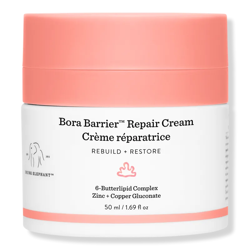 Drunk Elephant Bora Barrier Repair Cream in a white refillable jar with pump dispenser