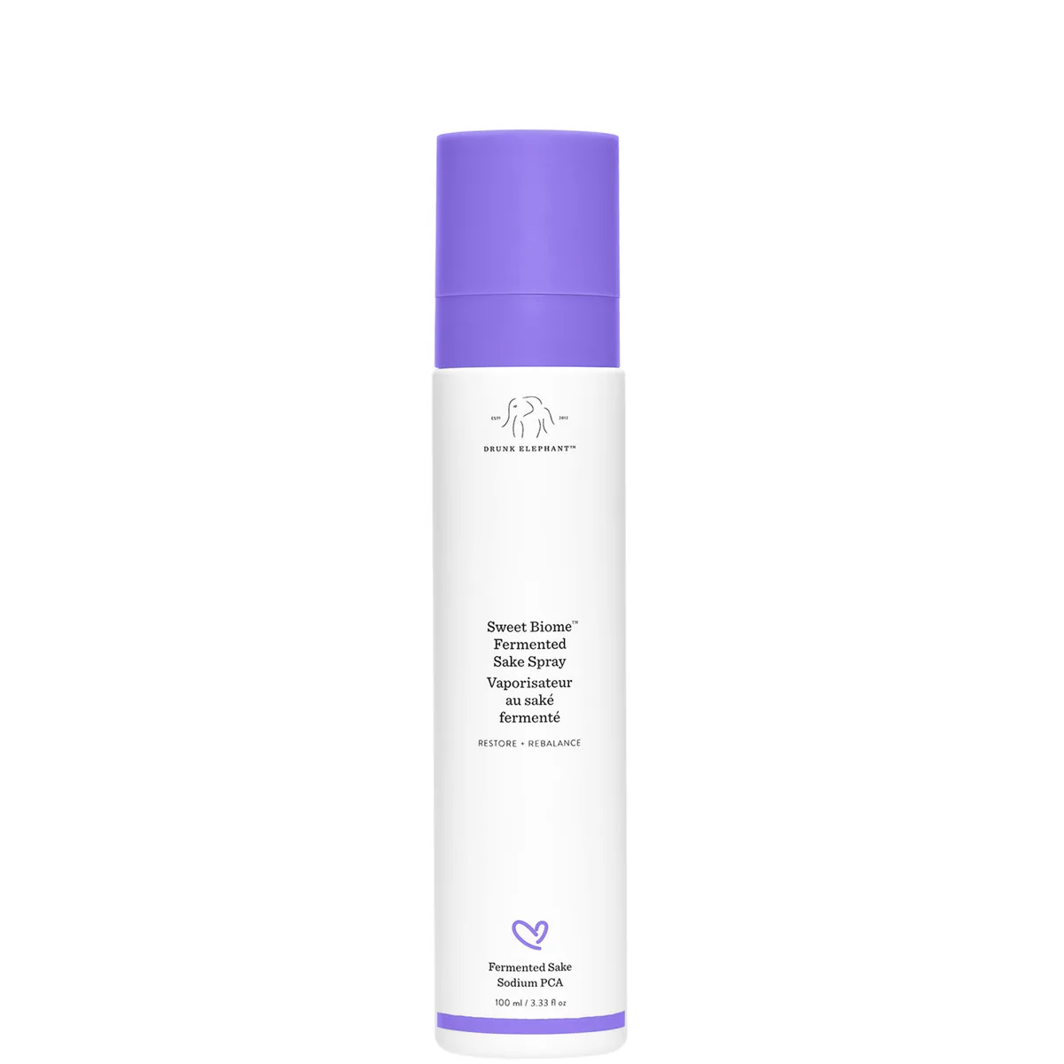 Drunk Elephant Sweet Biome Fermented Sake Spray in white and purple bottle