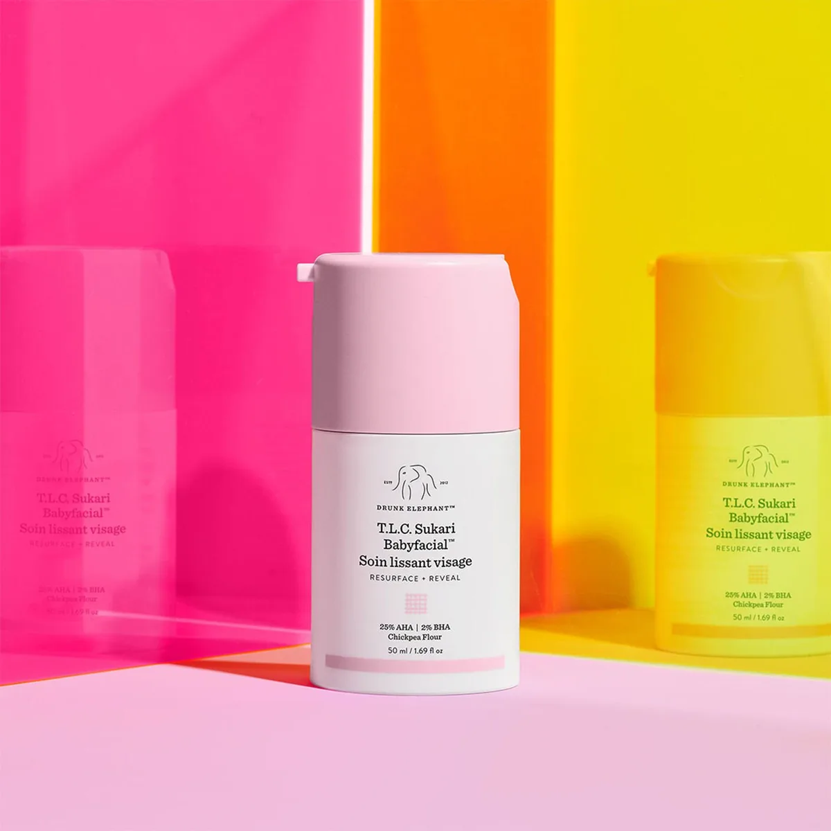 Drunk Elephant T.L.C. Sukari Babyfacial AHA BHA mask in white airless pump with pink cap