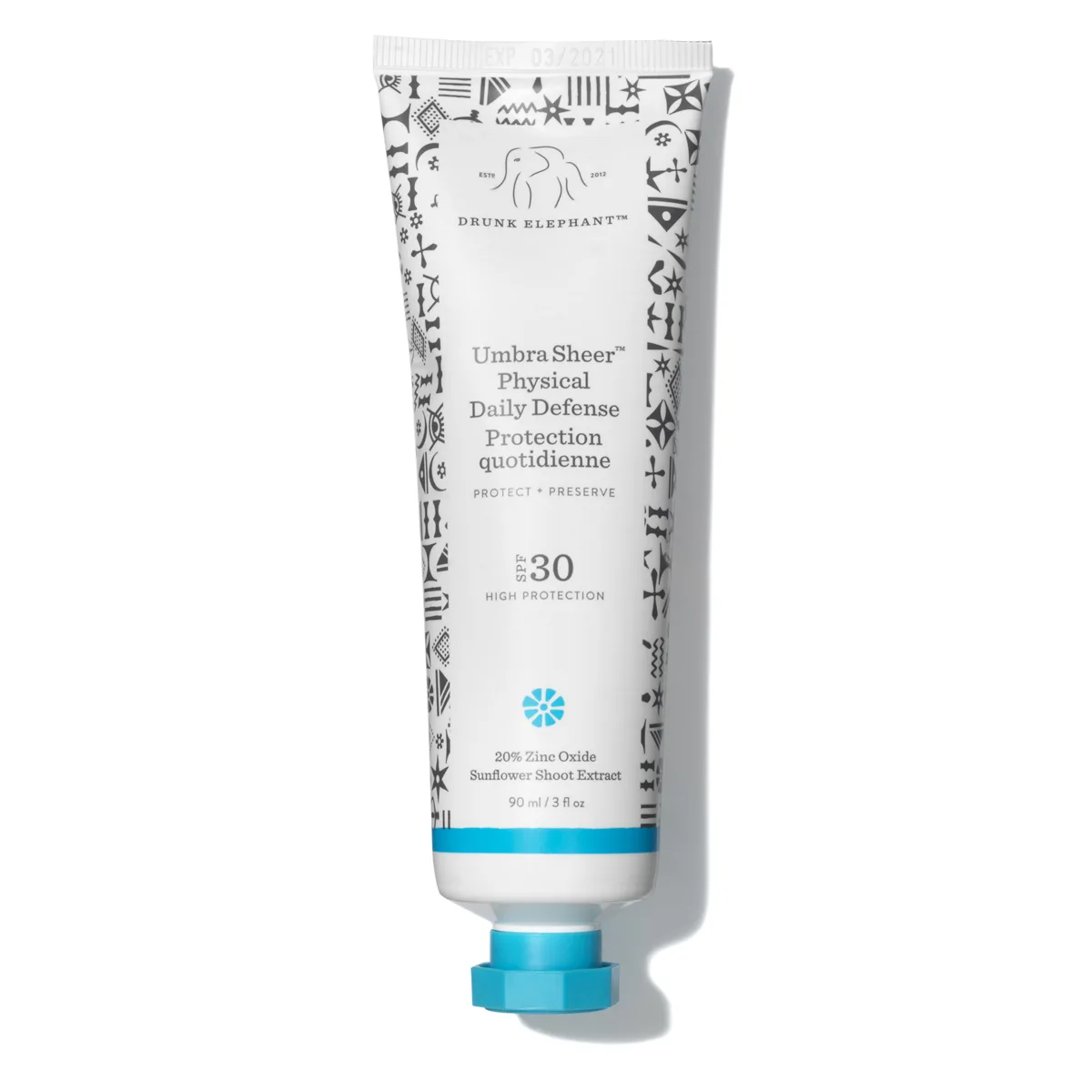Drunk Elephant Umbra Sheer Physical Daily Defense SPF 30 mineral sunscreen tube