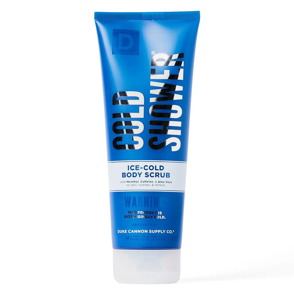 Duke Cannon Cold Shower Ice-Cold Body Scrub dark bottle with bold military-inspired typography