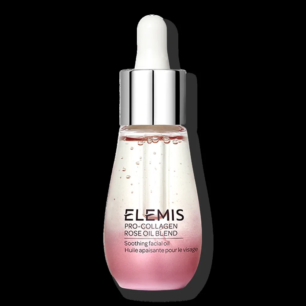Elemis Pro-Collagen Rose Facial Oil in a teal glass dropper bottle