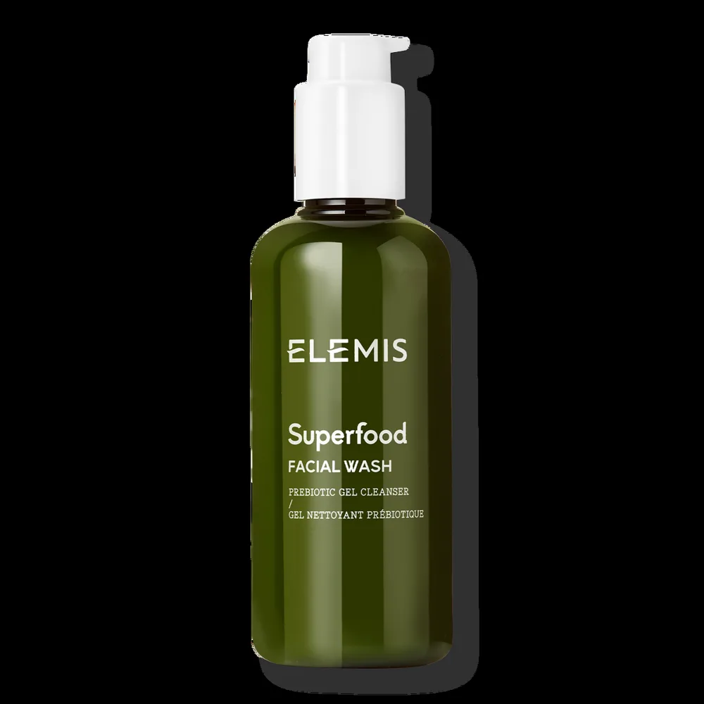 Elemis Superfood Facial Wash green gel cleanser in a white squeeze tube