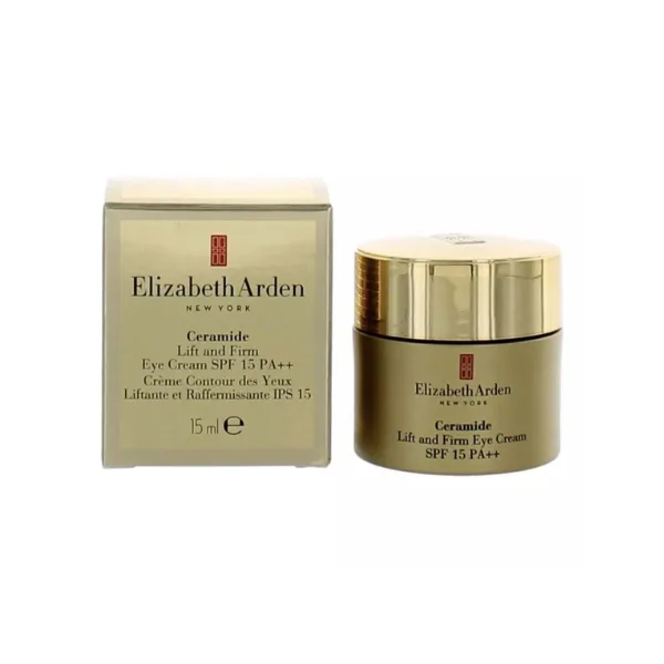 Elizabeth Arden Ceramide Lift and Firm Eye Cream SPF 15 in a frosted glass jar with a gold-tone cap