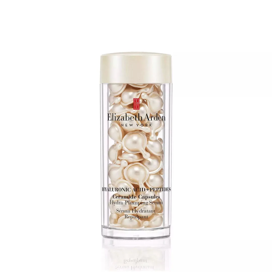Elizabeth Arden Hyaluronic Acid Ceramide Capsules Hydra-Plumping Serum, single-dose gold capsules in a biodegradable tray