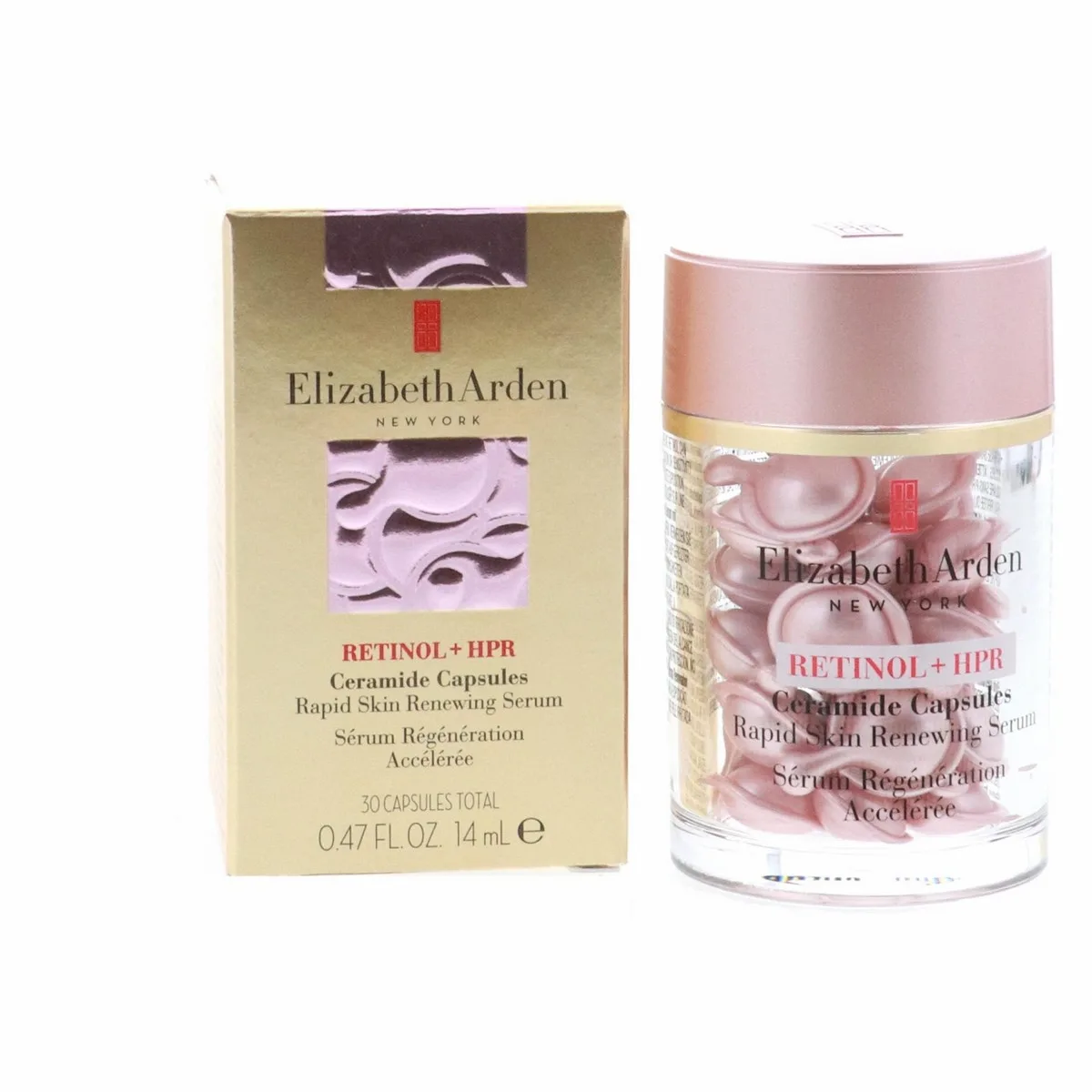 Elizabeth Arden Retinol Ceramide Capsules Line Erasing Night Serum, single-dose gold capsules in a biodegradable tray