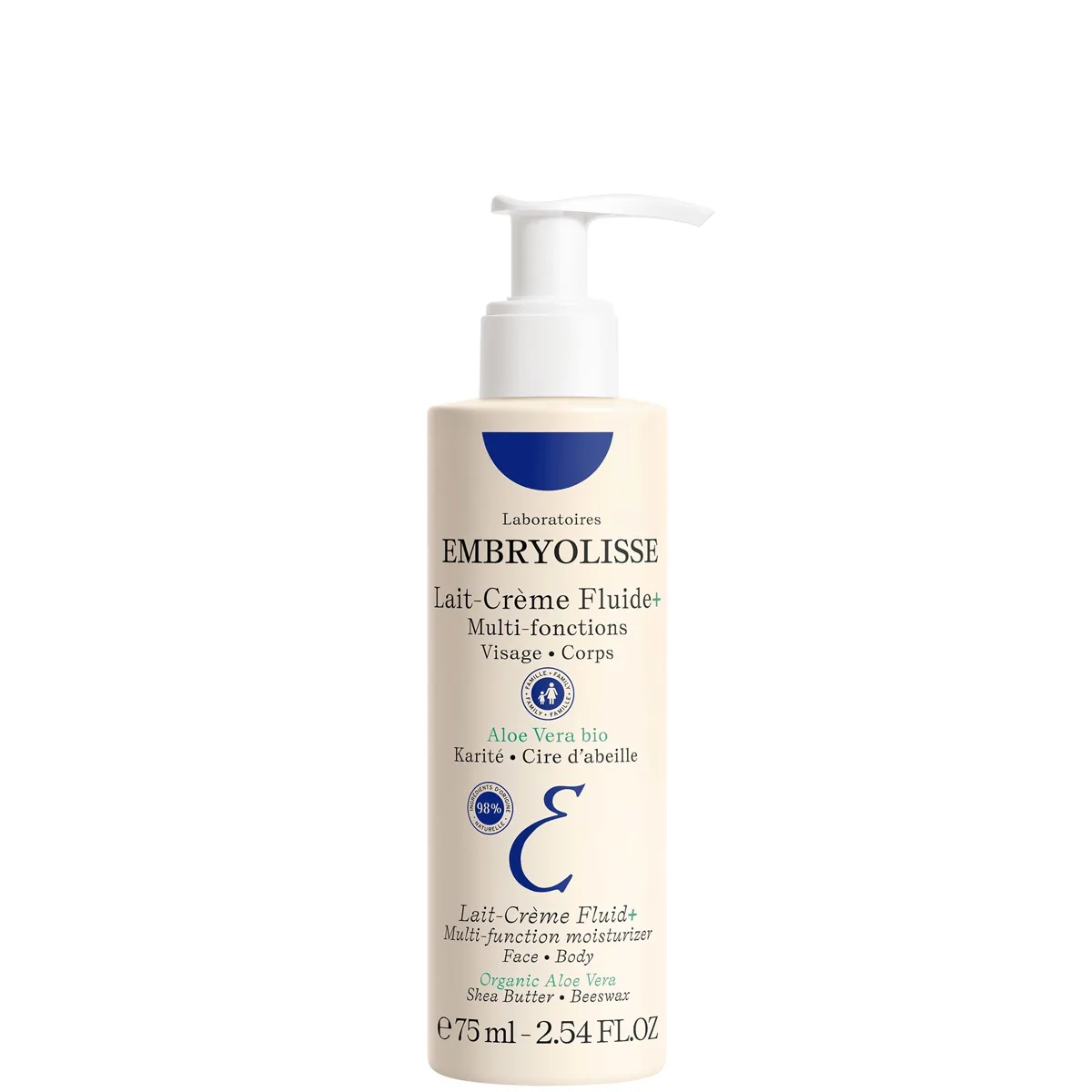 Embryolisse Lait-Crème Fluid+ 75ml pump bottle with white and blue branding