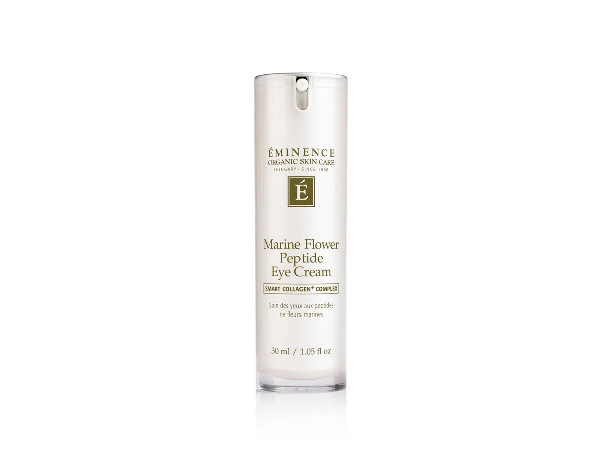 Eminence Organic Skin Care Marine Flower Peptide Eye Cream in a frosted glass jar with gold detailing