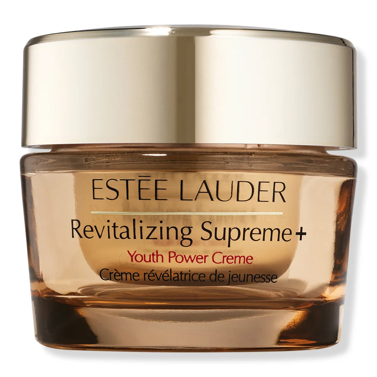 Estée Lauder Revitalizing Supreme+ Moisturizer in a refillable glass jar with gold lid