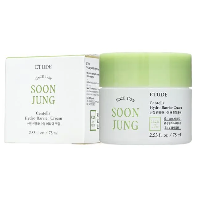 Etude Soon Jung Centella Hydro Barrier Cream tube with minimalist white and blue-green design