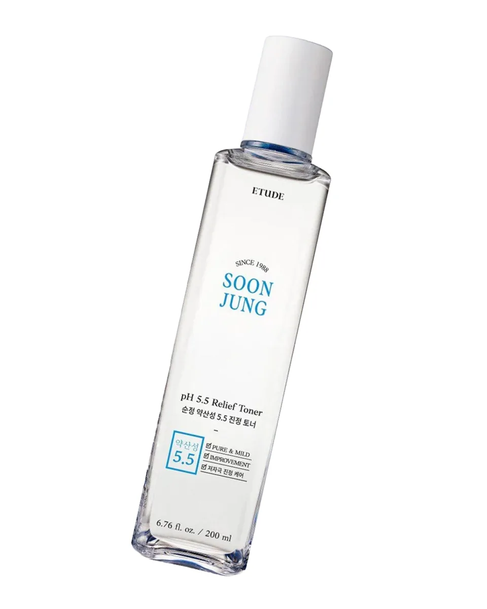 Etude Soon Jung pH 5.5 Relief Toner clear bottle with white and green label