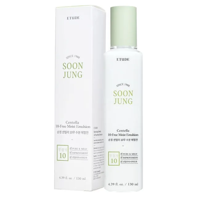 Etude SoonJung Centella 10-Free Moist Emulsion in a pastel blue pump bottle