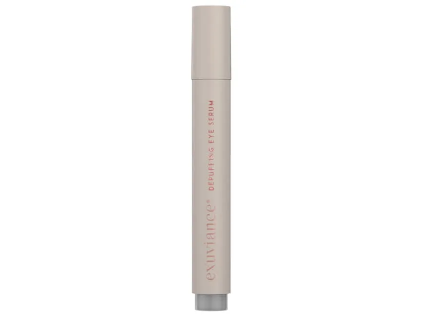 Exuviance DePuffing Eye Serum tube with triple micro-roller applicator for under-eye puffiness treatment
