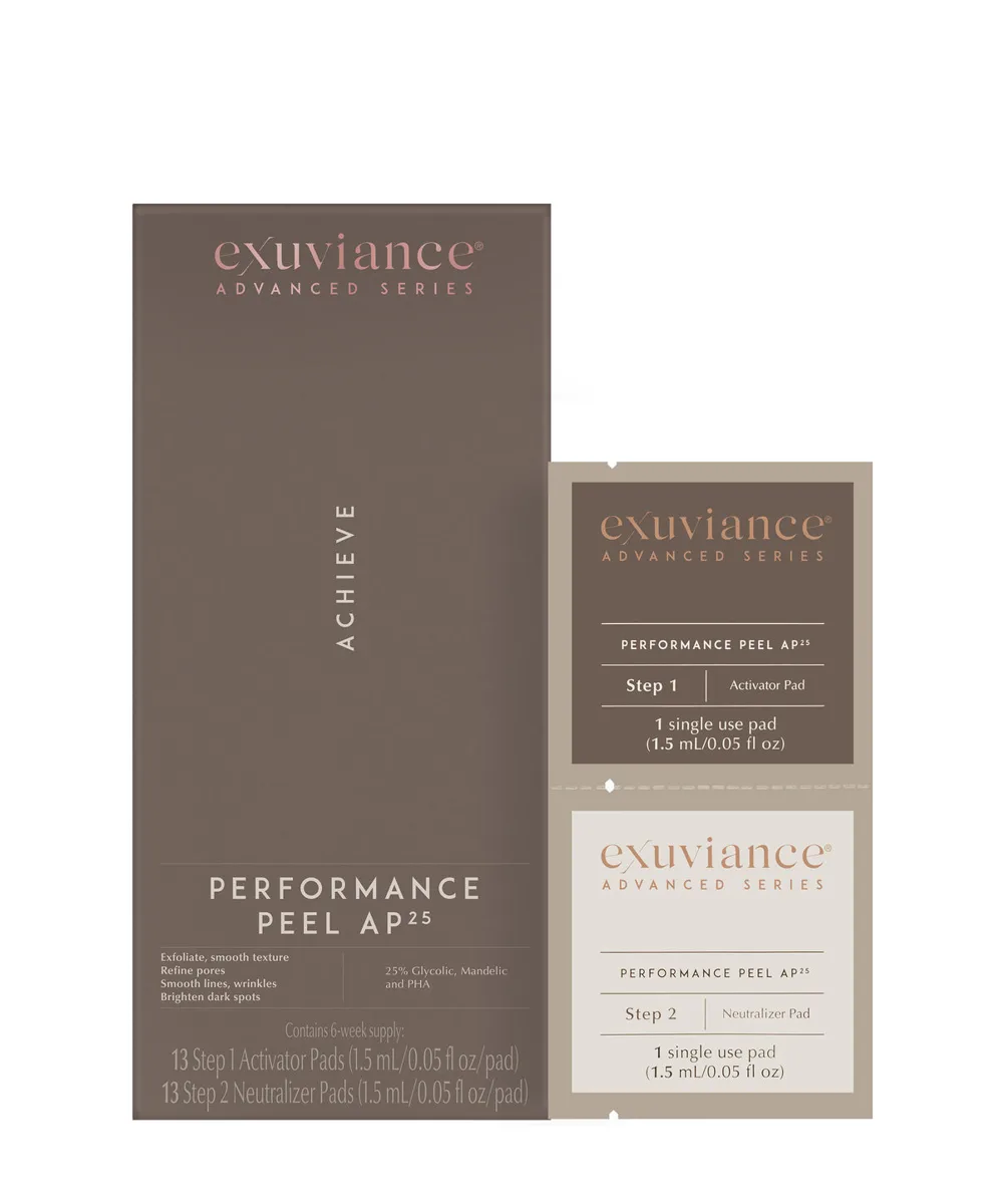 Exuviance Performance Peel AP25 at-home chemical peel box with individually wrapped activator and neutralizer pads