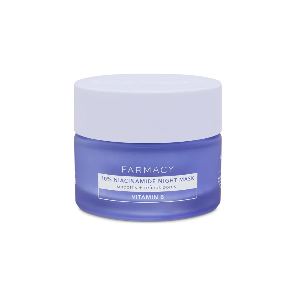 Farmacy 10% Niacinamide Night Mask in a recyclable glass jar with spatula