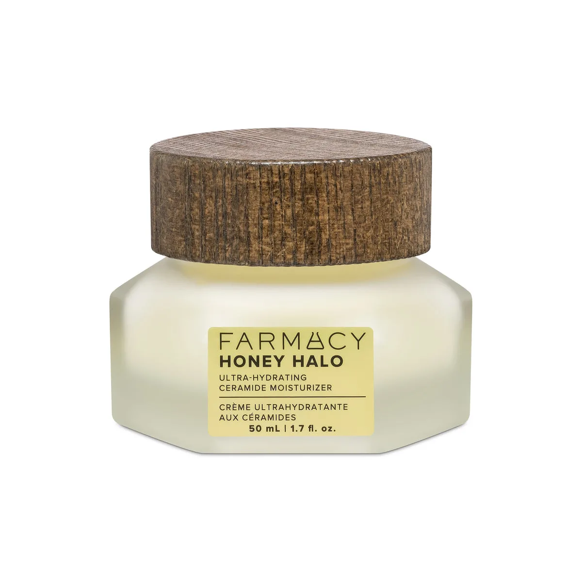Farmacy Honey Halo Ceramide Face Moisturizer in a hexagonal frosted glass jar with golden lid