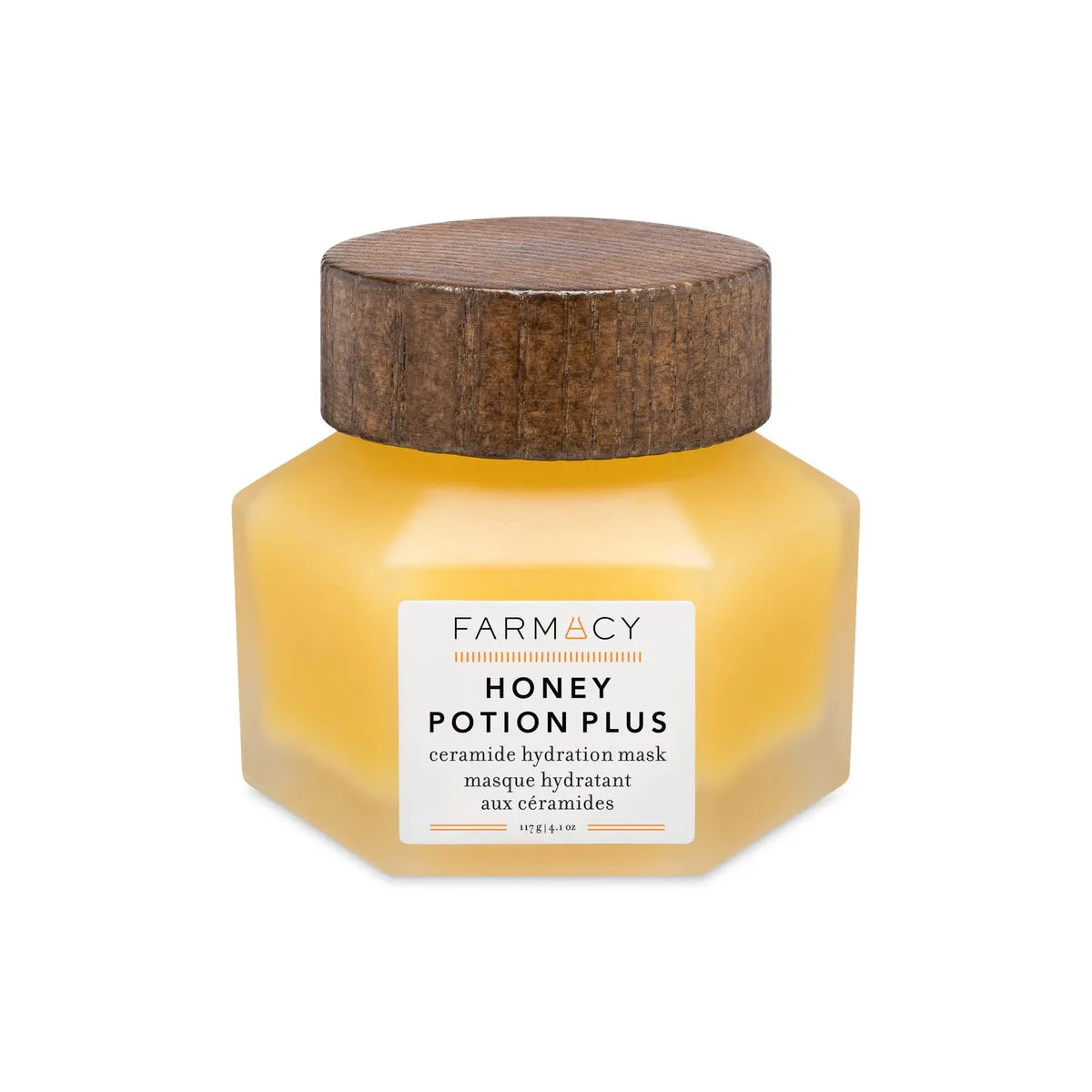 Farmacy Honey Potion Renewing Antioxidant Hydration Mask glass jar with gold lid and honey-colored balm