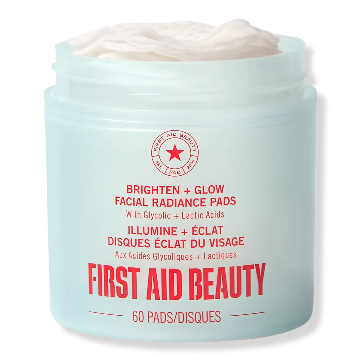 First Aid Beauty Facial Radiance Pads jar with stacked exfoliating pads visible
