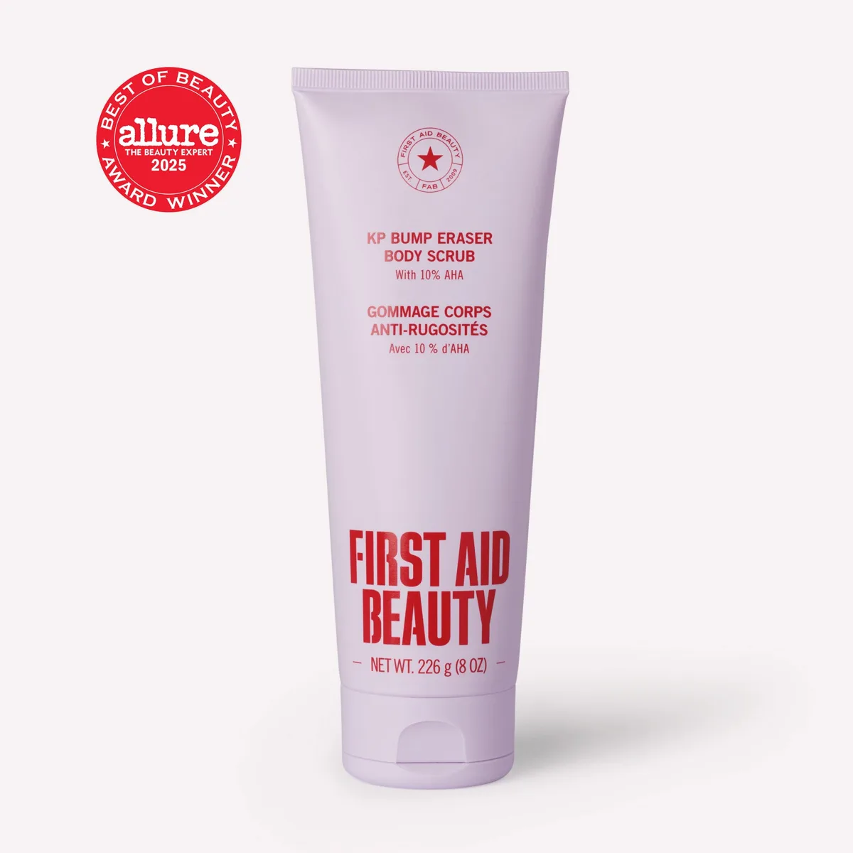 First Aid Beauty KP Bump Eraser Body Scrub with 10% AHA in a white squeeze tube