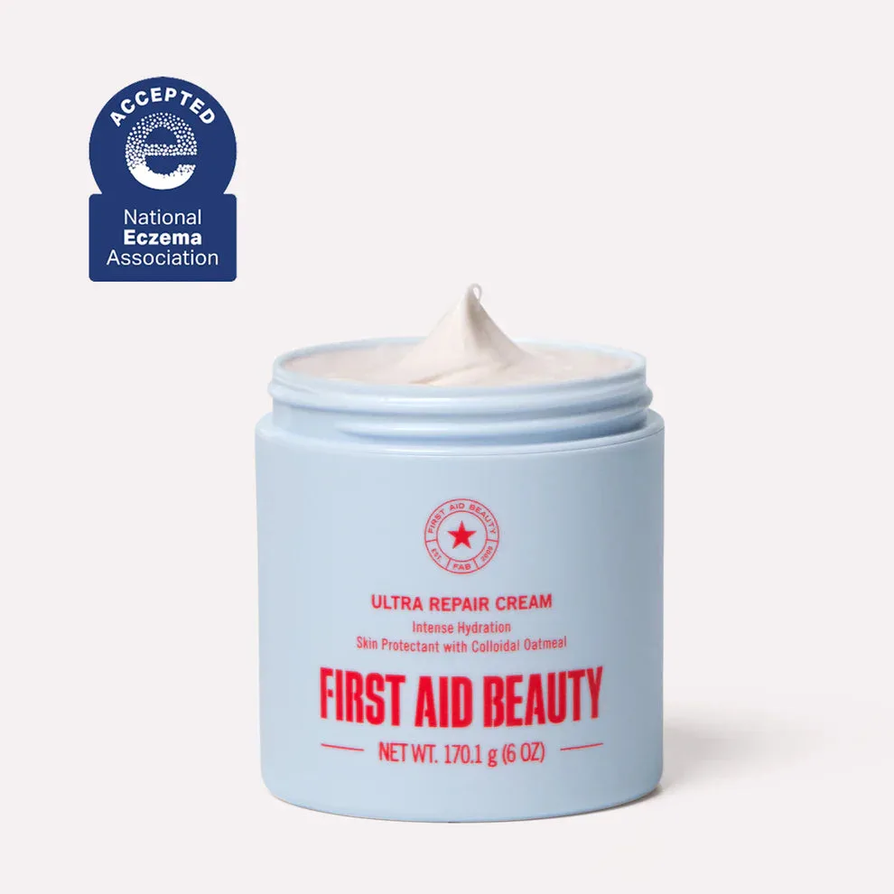 First Aid Beauty Ultra Repair Cream Intense Hydration in a white tub with red branding