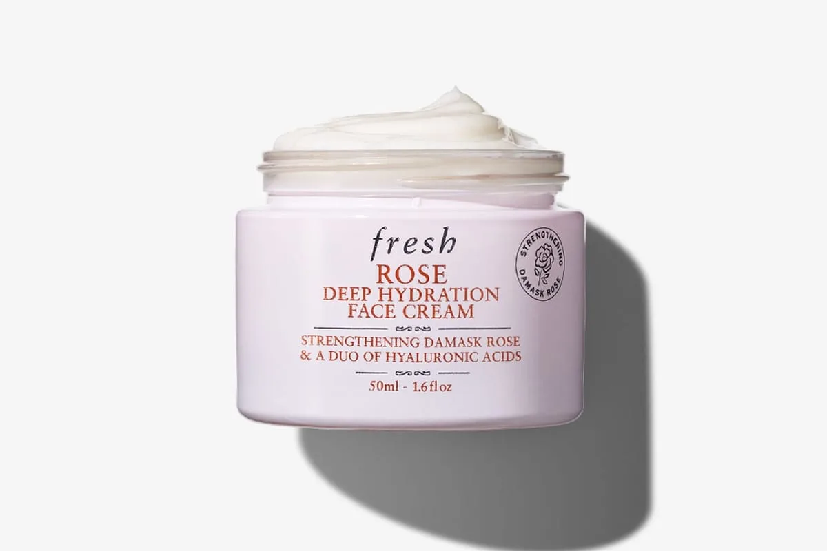 Fresh Rose & Hyaluronic Acid Deep Hydration Moisturizer in a pink glass jar with silver lid
