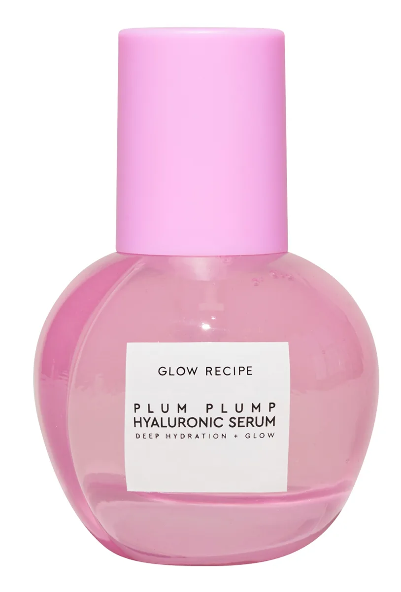 Glow Recipe Plum Plump Hyaluronic Acid Serum in soft pink glass bottle with pump