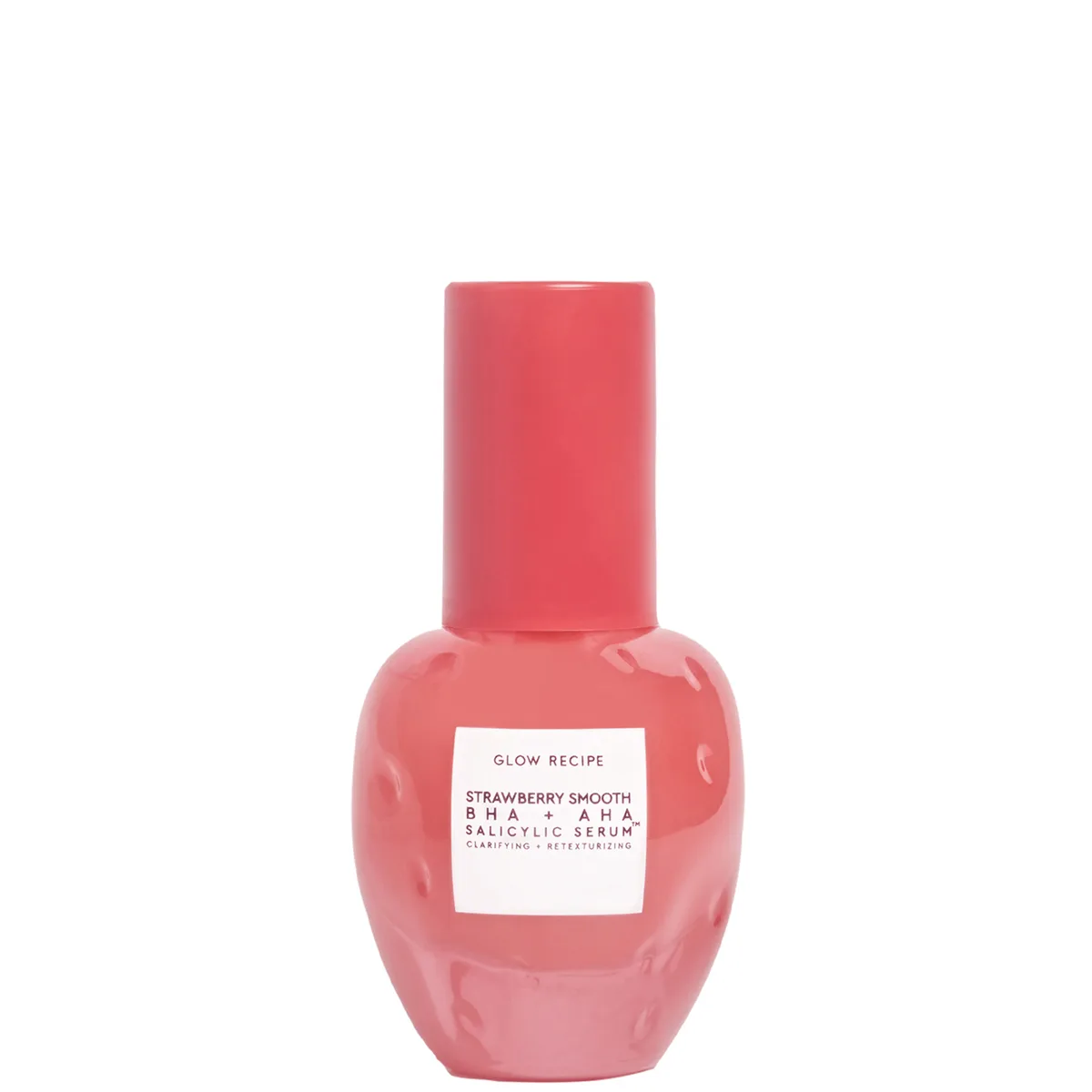 Glow Recipe Strawberry Smooth BHA + AHA Salicylic Acid Serum in a frosted pink glass bottle with dropper