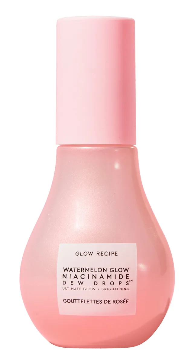 Glow Recipe Watermelon Glow Niacinamide Dew Drops in signature pink and green glass bottle with dropper